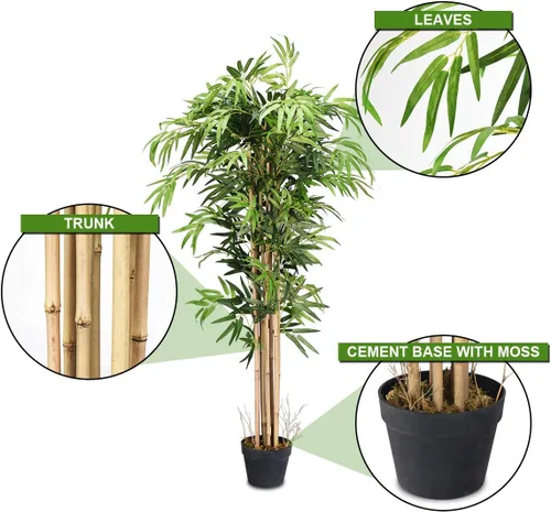 Vista 6 de Goplus Árbol de bambú artificial, planta de bambú sintético de 5 pies de alto, árbol falso grande con hojas y tronco natural, plantas artificiales