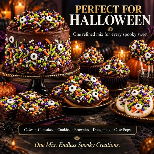 Vista 9 de Confect Mezcla de espolvorear de Halloween – Bolas de discoteca blancas, naranjas, moradas, negras y verdes, ojos de caramelo y jimmies – Gránulos