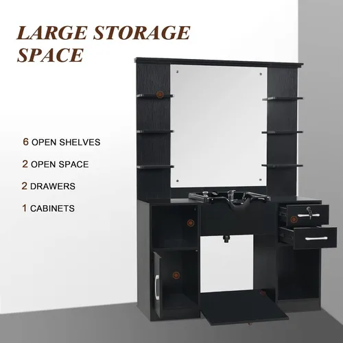 Vista 7 de BarberPub Estación de almacenamiento de montaje en pared con espejo Champú Bowl High-end Styling salón de belleza Muebles Set 3145 (negro)