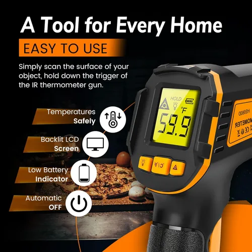 Vista 5 de Termómetro infrarrojo digital pistola de temperatura láser termómetro de carne para cocinar, alimentos, hornos de pizza, parrilla, motor, dulces