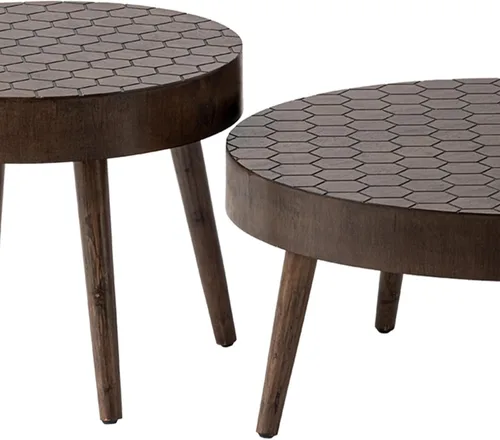 Vista 7 de Juego de 2 mesas de centro redondas de 2 piezas, mesa anidable de granja con patrón de panal de abeja, mesa auxiliar moderna de MDF para sala