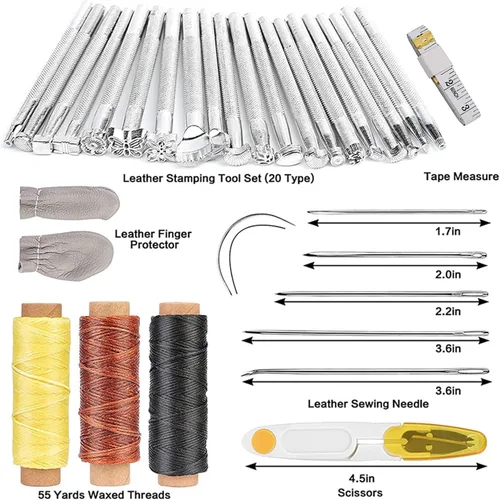 Vista 3 de KIDENEI Kit de trabajo de cuero de 66 piezas con estampado, corte, martillo, regla, agujas, broches de presión, kit de línea de cera y caja