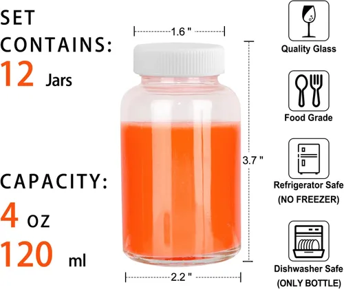 Vista 2 de HINGWAH Paquete de 12 botellas de vidrio de 4 onzas con tapas, botellas vacías de 4.1 fl oz de chupito de jugo de bienestar, tarros de vidrio