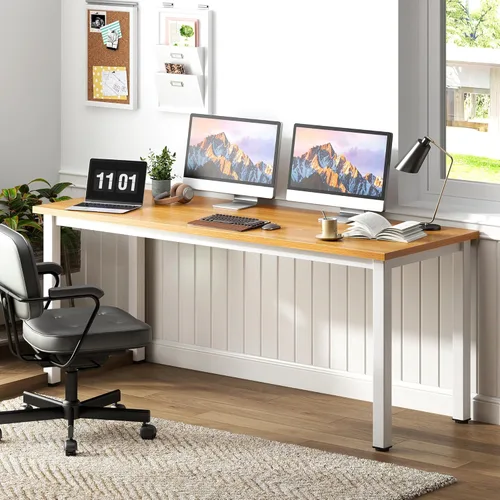 Vista 4 de Need 63 Inch Large Computer Desk - Modern Simple Style Home Office Gaming Desk, Basic Writing Table for Study Student, White Metal Frame, Teak