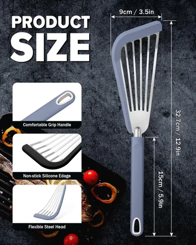 Vista 3 de Espátula de pescado, espátulas delgadas ranuradas para utensilios de cocina antiadherentes, borde de silicona, resistente al calor, para pescado