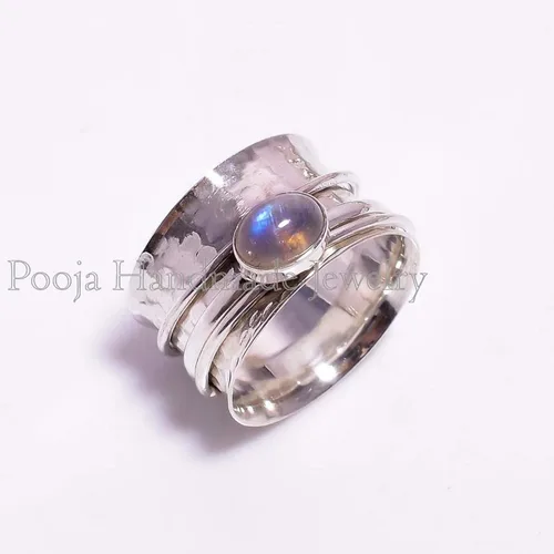 Pooja Handmade Jewelry Moonstone Gemstone Ring, 925 Sterling Silver Ring, Spinner Ring, Hammered Wide Band Ring, Anxiety Spinner Ring, Fidget
