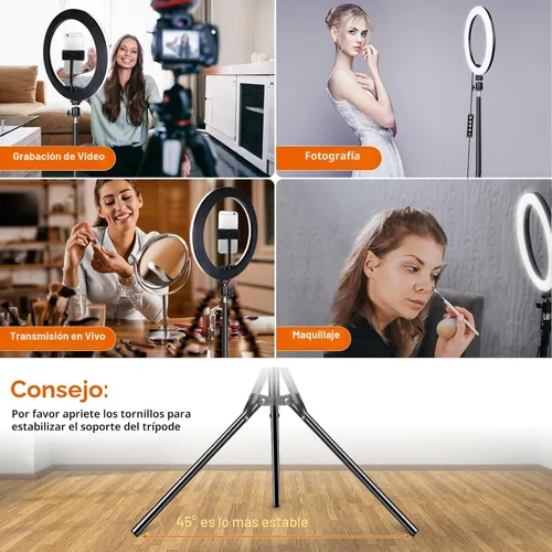 Vista 7 de Anillo de luz para selfie de 10 pulgadas con trípode de 73 pulgadas y 1 soporte para teléfono, luz LED para cámara con 48 modos de colores RGB