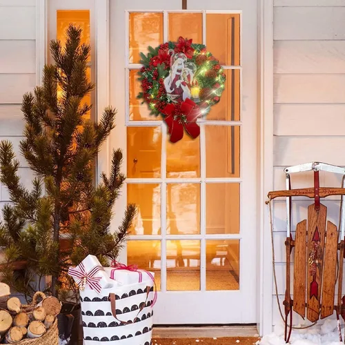 Vista 3 de Elegantes luces de adorno de Navidad, coronas de Navidad, corona de corona artificial para puerta delantera de Navidad con luces con cálida escena