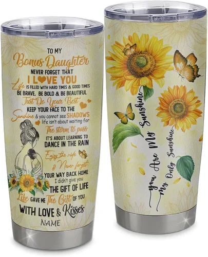 Vista 40 de Vaso de acero inoxidable personalizado con texto en inglés «To My Bonus Daughter From Stepmom», vaso curvado de 20 onzas con diseño de girasol