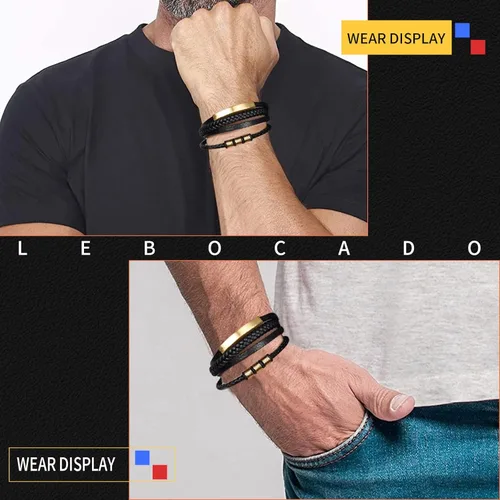 Vista 6 de LEBOCADO Genuine Leather Bracelet for Men Stainless Steel Charm Magnetic Clasp Classic Multi-layer Mens Bracelet Gift for men Length 8.26 inch