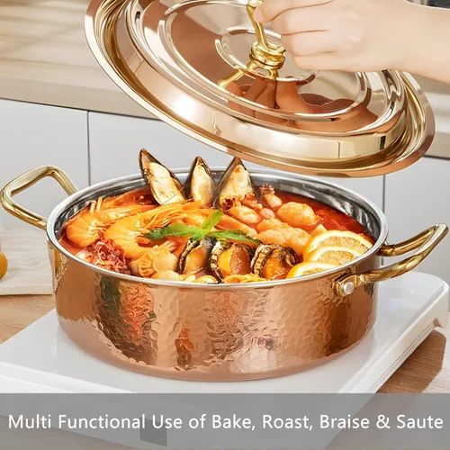 Vista 7 de YJX Olla martillada de 6.7 cuartos de galón con tapa, oro rosa cobre, acero inoxidable de tres capas, utensilios de cocina multifuncionales