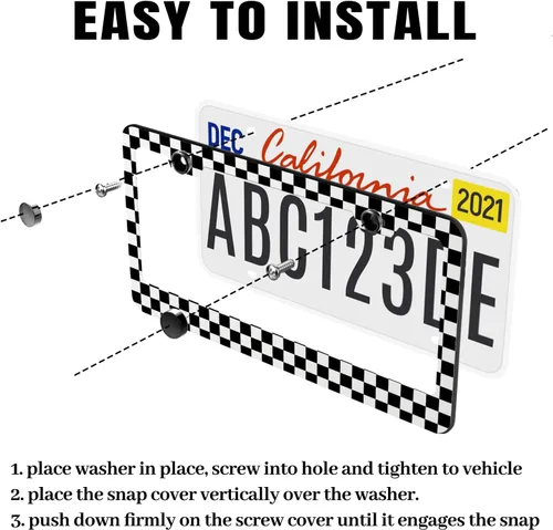 Vista 5 de Marco de matrícula de cuadro ajedrezado en blanco y negro, soporte de matrícula con bandera de carrera a cuadros para accesorios de automóvil