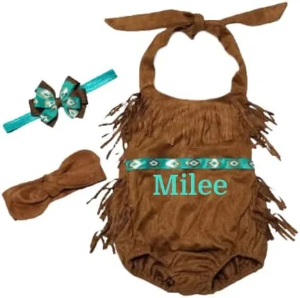 Karrie Sue's Mameluco de princesa india/disfraz de Pocahontas personalizado/Azteca/Salvaje/Espíritu libre/Flecos/Mameluco