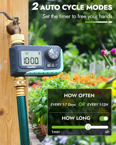 Vista 3 de RAINPOINT Temporizador de aspersor con entrada y salida de latón, temporizador de manguera programable para manguera de remojo de jardín