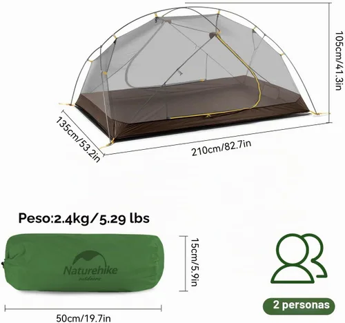 Vista 5 de Naturehike Mongar - Tienda de campaña para mochileros para 2 personas, ligera para 3 estaciones, impermeable, para senderismo, barras transversales