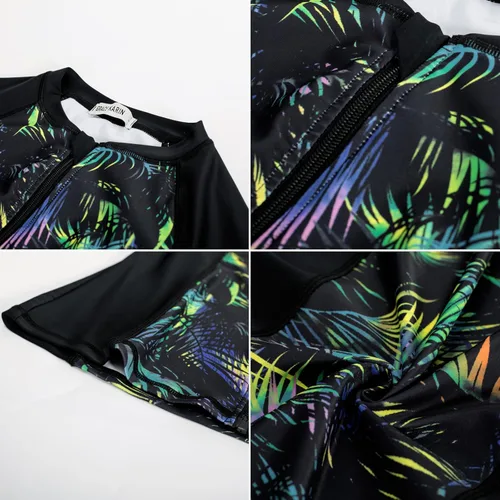Vista 5 de GRACE KARIN Traje de baño de 3 piezas para mujer, con camiseta de protección solar y cremallera, de manga larga, con cremallera, modesta