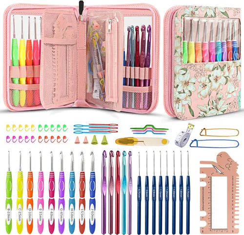 LOOEN Juego de 61 piezas de ganchos ergonómicos para crochet, 22 tamaños (0.75 mm-10 mm), con estuche para manos con artritis, agujas de crochet