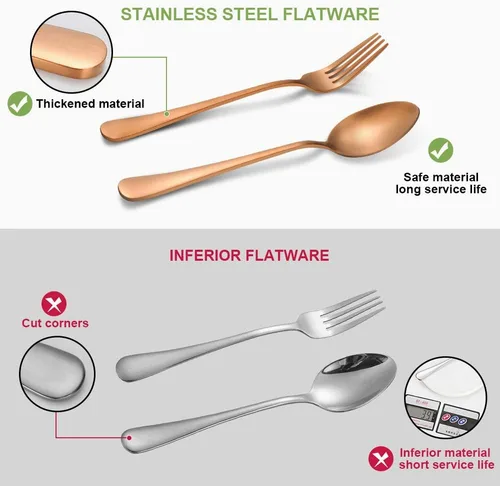 Vista 4 de Juego de cubiertos de oro rosa mate, 20 piezas de acero inoxidable mate oro rosa, juego de cubiertos de servicio para 4, utensilios para cocina