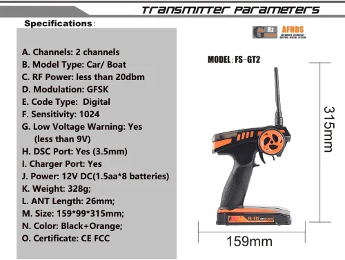 Vista 3 de Flysky Transmisor RC FS-GT2 con receptor FS-GR3E, controlador de radio digital de 2 canales de 2.4 GHz y receptor para coche RC barco