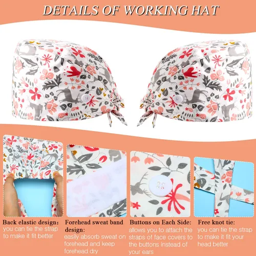 Vista 4 de 12 gorras de trabajo para mujer con botones y banda para el sudor, sombreros bouffant ajustables, unisex, gorras quirúrgicas desechables, gorros
