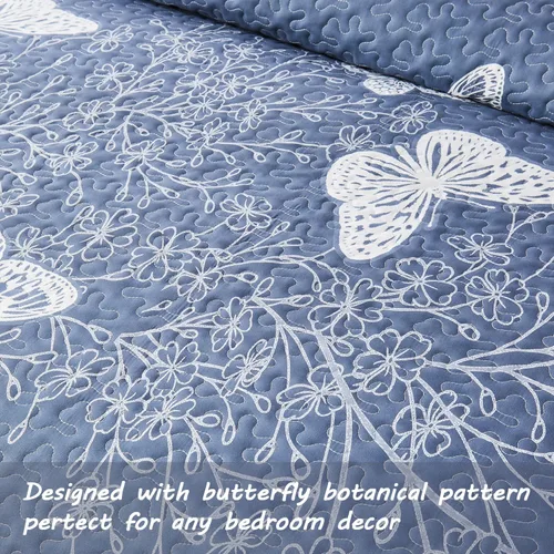 Vista 4 de Yogeneg Juego de edredón de tamaño matrimonial, juego de ropa de cama de 3 piezas con patrón botánico de mariposa blanca y gris rubor, colcha