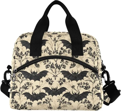 MNSRUU Bolsa de almuerzo aislada murciélagos y flores vintage mujeres hombres tela tote enfriadora para cena bolsa reutilizable a prueba de fugas