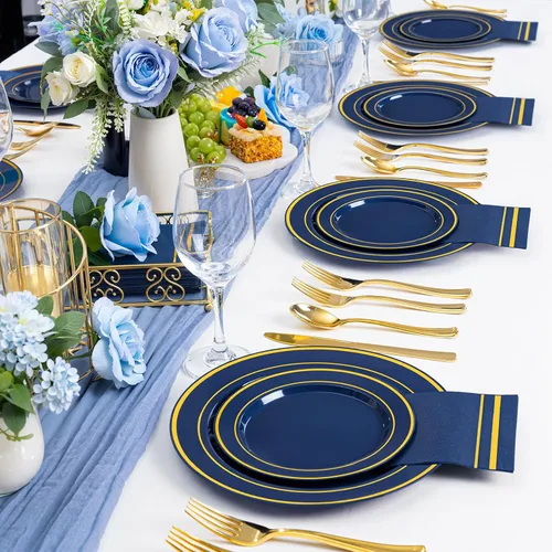 Vista 6 de NOCCUR 200 platos de plástico azul marino para 100 invitados, incluye 100 platos desechables de postre de 10 pulgadas, 100 platos desechables