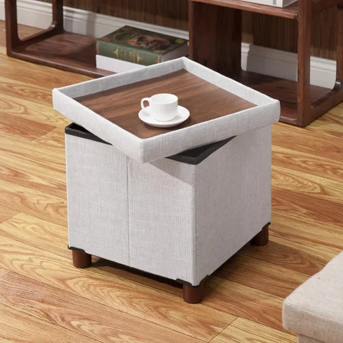 Vista 70 de Banco otomano de almacenamiento de 30 pulgadas, gris recto, moderno, estilo clásico, tela de lino, patas de madera de nogal