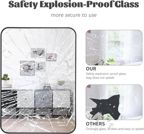 Vista 6 de Espejo de baño negro, espejo de marco rectangular, espejo de pared de 24 x 36 pulgadas con espejos de esquina redondeada para baño, dormitorio, sala