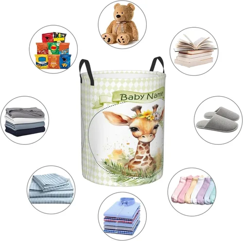 Vista 4 de Cesta de lavandería personalizada con nombre, impermeable, jirafa, para guardería, para bebé, niña, niño, cestas de almacenamiento plegables