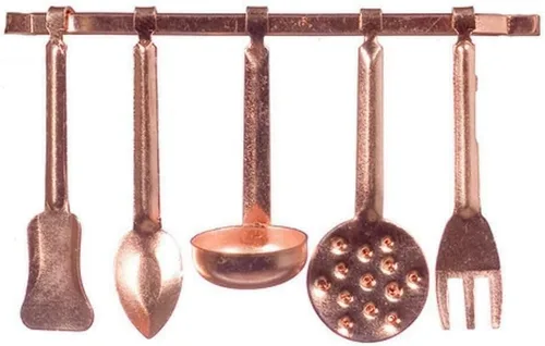 Dolls House Miniature Kitchen Accessory Copper Hanging Utensils & Rack 5055