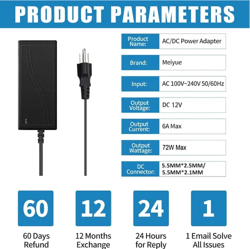 Vista 2 de Adaptador de fuente de alimentación de 12 voltios 6 amperios, fuente de alimentación CC de 12V 6A 72W enchufe EE. UU. adaptador de 5A 4A 3A 2A 1A