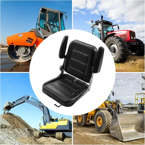 Vista 3 de OUKANING Asiento universal para carretilla elevadora, asiento de tractor negro, asiento plegable ajustable que incluye reposabrazos e interruptor