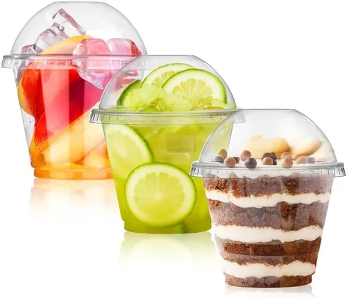 Vista 7 de Juego de 50 vasos de plástico desechables de 7 onzas con tapas, vasos de postre de plástico transparente con tapas de cúpula (sin agujero), tazas