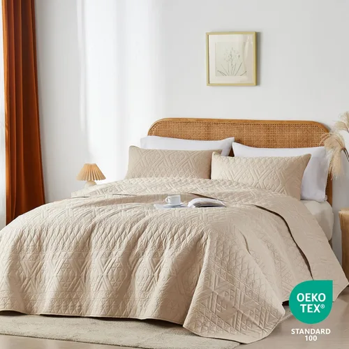 Vista 2 de akkialla Juego de edredón tamaño individual, color beige, de microfibra ligera, colcha de cama suave, juego de edredón con patrón geométrico moderno