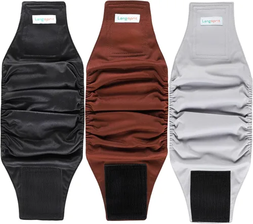 Vista 8 de Langsprit Bandas para el vientre masculino para perros (paquete de 3) – Envolturas de alta absorción para perros machos lavables – Pañales Negro