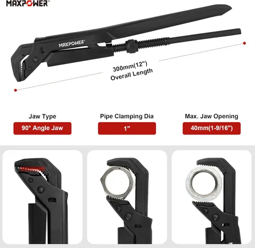 Vista 2 de MAXPOWER Llave de tubo sueca, llave de tubo sueca ajustable de 12 pulgadas, llave de plomero Stilsons con mandíbula en ángulo de 90°, capacidad