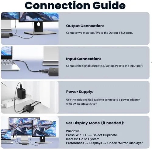Vista 6 de NEWCARE Divisor HDMI 4K 1 en 2 salidas, divisor de cable HDMI para espejo solo TV (no extendido), divisor HDMI 1 macho a 2 hembra con dial EDID