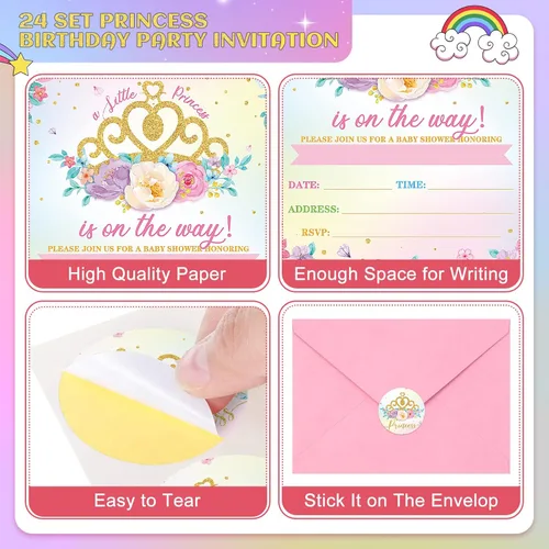 Vista 3 de TaoBary Juego de 24 invitaciones de princesa rosa para baby shower para niña, tarjetas de invitaciones de fiesta de cumpleaños de princesa