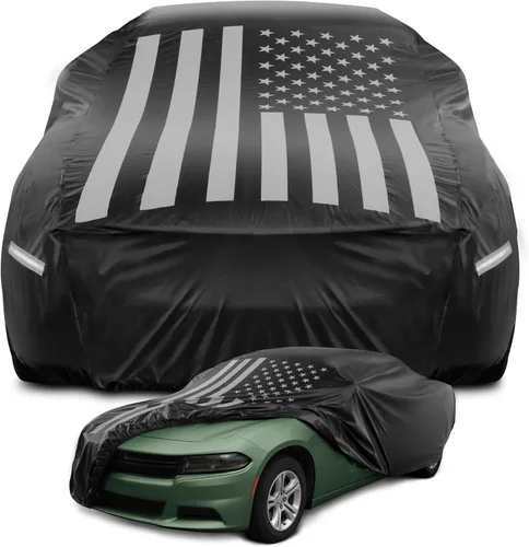 Vista 11 de Motor Trend Funda impermeable para automóvil con bandera negra, protección para todo tipo de clima, resistente a los rayos UV, resistente al viento
