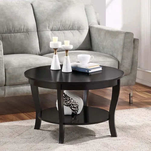 Vista 2 de HomeStock Global Greatness - Mesa auxiliar redonda con estante, acabado de madera, mesa de estilo clásico de transición, estantería espaciosa de dos