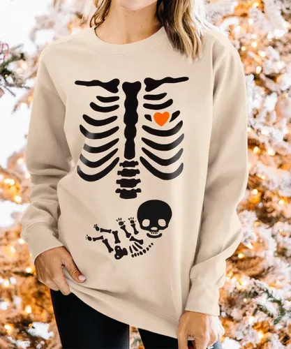 Vista 2 de Sudaderas de esqueleto de rayos X de Halloween para mujer, disfraz de Halloween, maternidad, sin botones, para anuncio de embarazo, camisetas