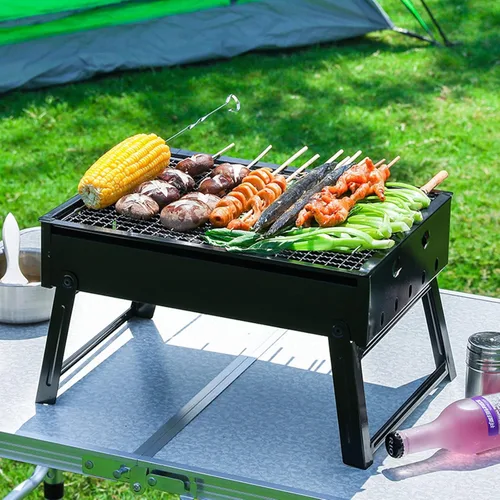 Vista 3 de Parrilla de barbacoa portátil, plegable, de carbón al aire libre, mesa de escritorio, acero inoxidable, ahumador, barbacoa de carbón