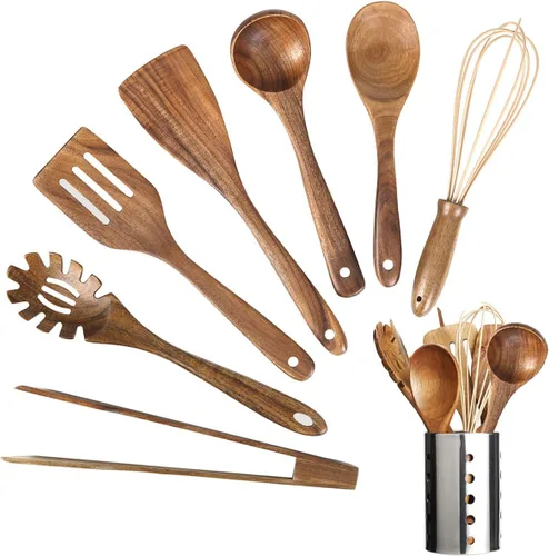 Vista 7 de Juego de utensilios de cocina con soporte, utensilios de cocina de madera para cocinar, cucharas de madera de teca natural para cocinar, juego