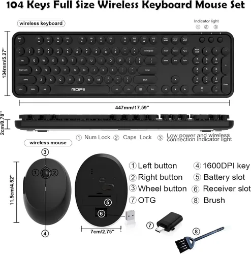 Vista 6 de MOFII - Combo de teclado y mouse inalámbricos, 104 teclas redondas retro de tamaño completo, teclados ergonómicos y mouse inalámbricos para Windows