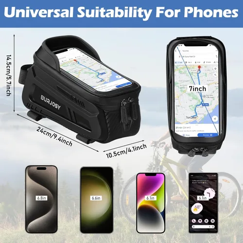 Vista 5 de Bolsa de marco frontal para teléfono de bicicleta, bolsa impermeable para teléfono con pantalla táctil de TPU y visera solar, accesorios