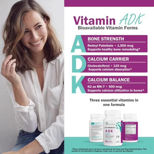 Vista 2 de NatureGenX ADK Suplemento vitamínico de 5000 UI – Vitaminas A, D3 y K2 de alta potencia para la salud ósea y absorción de calcio Suplemento