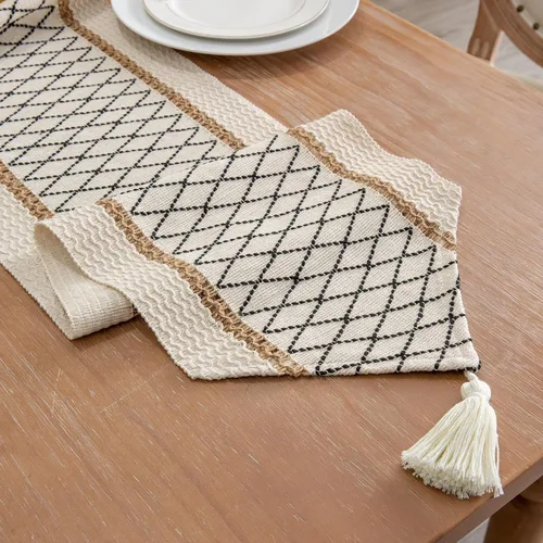 Vista 2 de Camino de mesa, estilo bohemio con borlas, algodón y lino, decoración del hogar de estilo granja para sala de estar, cubrecómodas