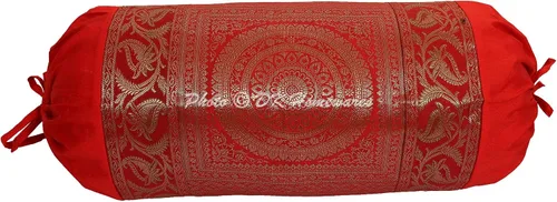 Fundas de almohada de seda de brocado de jacquard indio para cama, cilíndrico hotdog rojo, masand de yoga, decoración del hogar, sala de estar