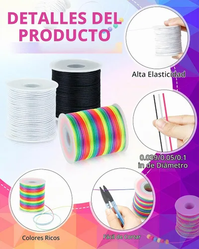 Vista 3 de FIVEIZERO 2 Rollos de Cuerda Elástica Negra para Pulseras Total 330 Pies, Cordón Elástico de 1mm, 1.2mm, 1.5mm para Enhebrar con Aguja